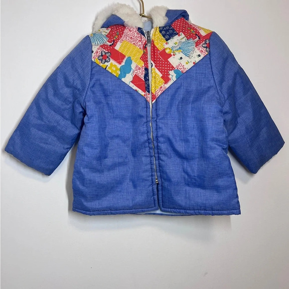 Vintage Kids Hooded Coat Blue with Patchwork - Picture 2 of 8